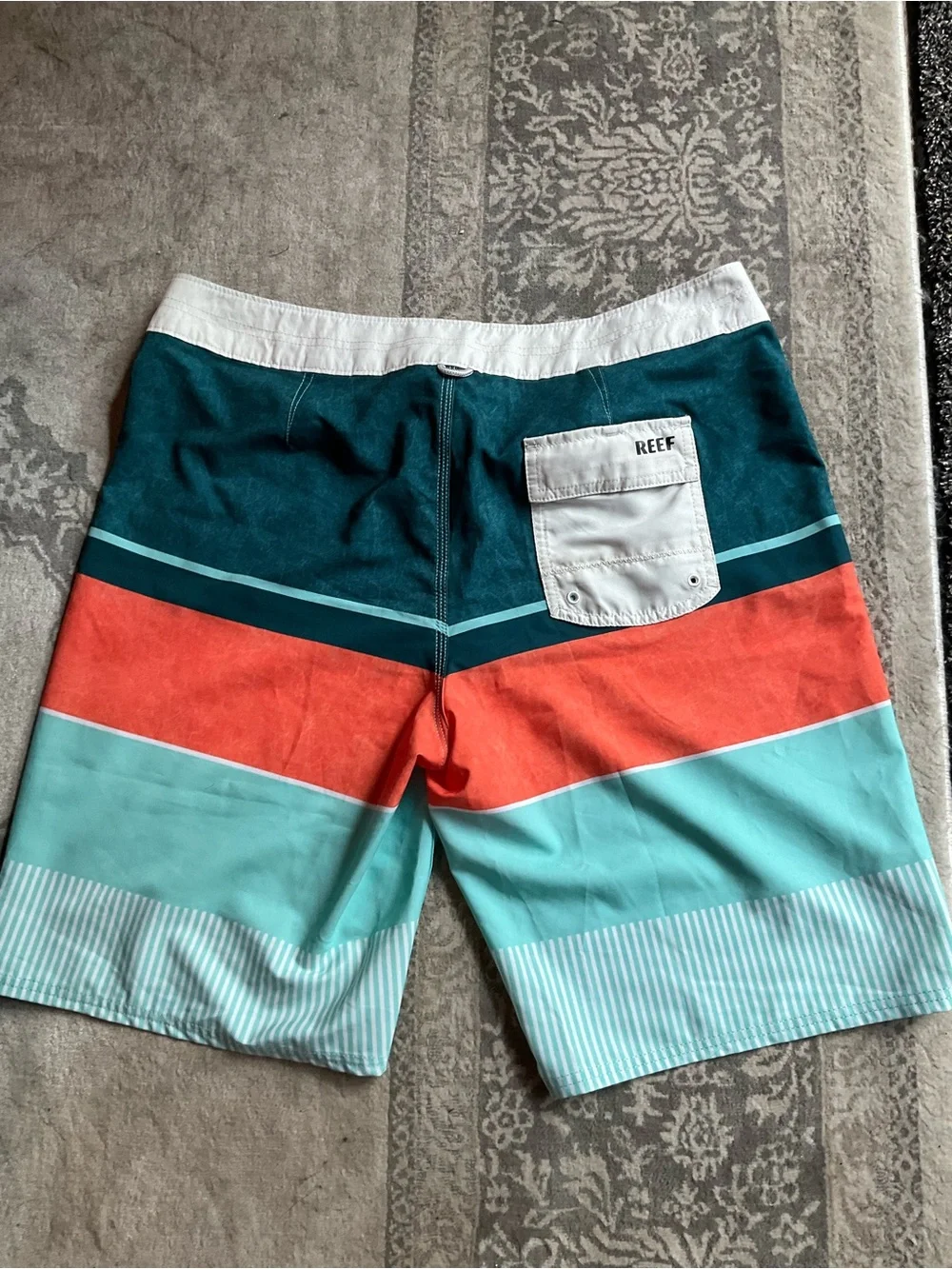 Reef Men's Teal, Coral & Light Blue Striped Board Shorts 34